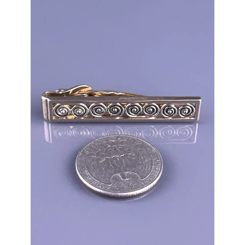 Scrolls Swirls Tie Clip Bar Gold Tone Circles Bullseye Swank Vintage
